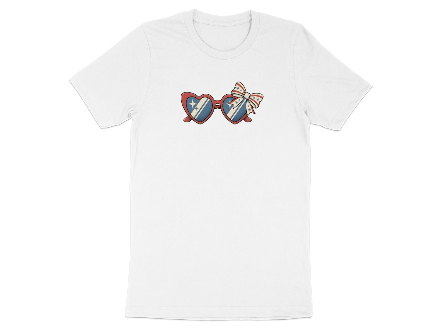 White t-shirt with heart-shaped sunglasses featuring stars and stripes.