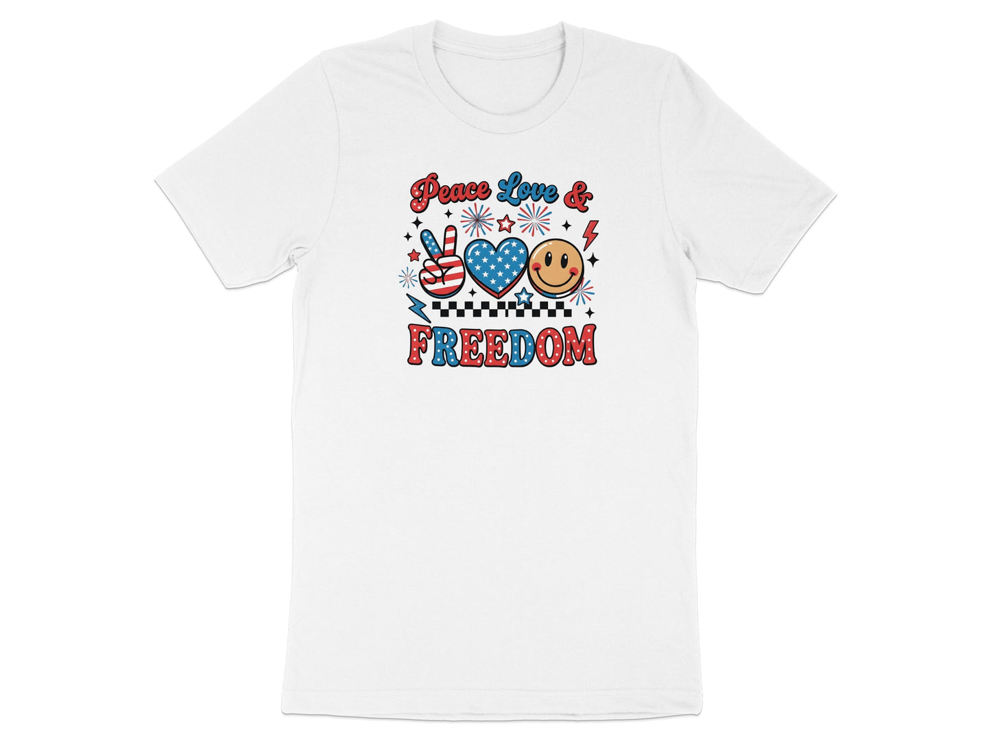 White t-shirt with "Peace Love & Freedom" graphic and patriotic symbols.