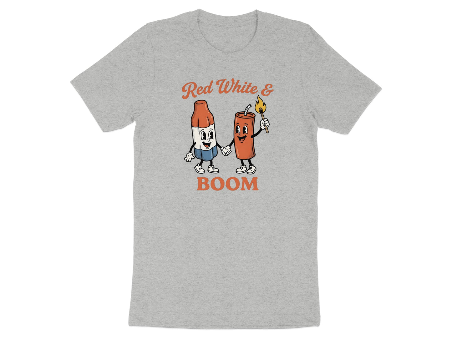 Red White & Boom graphic on a grey t-shirt with cartoon fireworks characters.