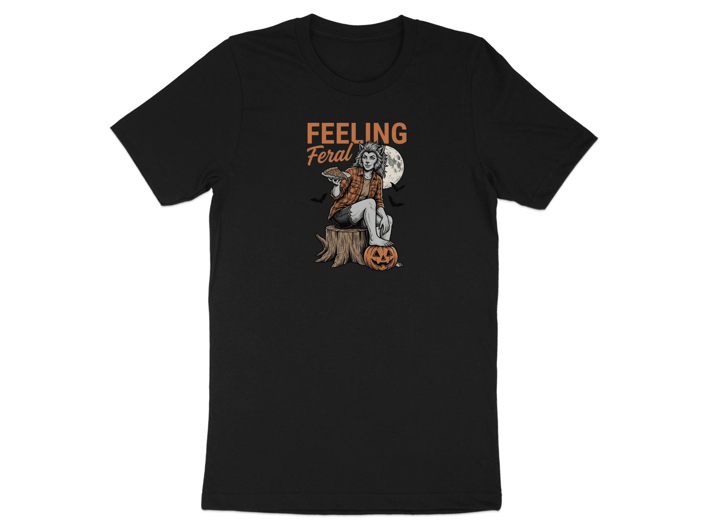 Black t-shirt with "FEELING Feral" text and a werewolf holding pizza with a pumpkin.