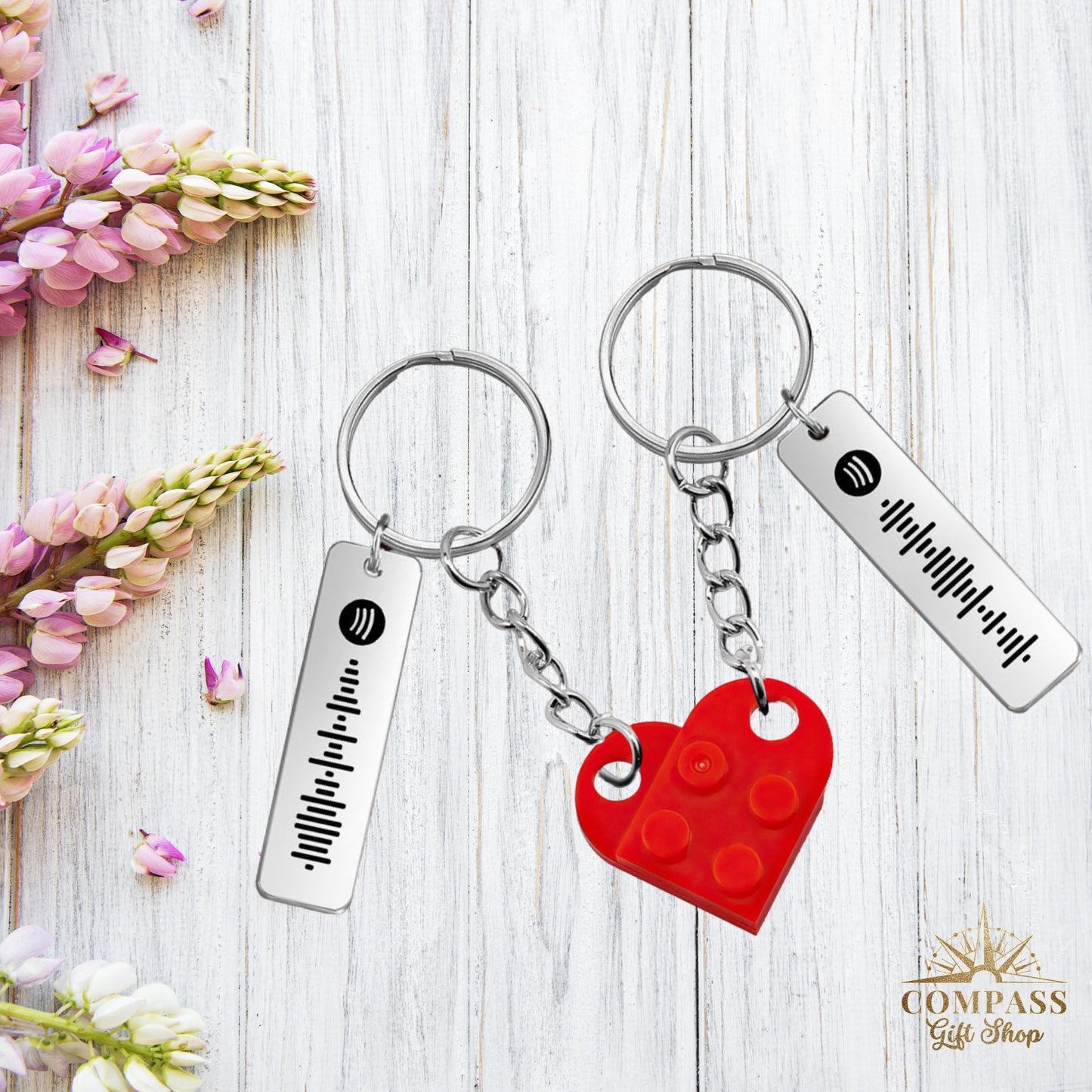 Connecting Heart Bricks & Engraved Song Code Pair of Keychains for Two