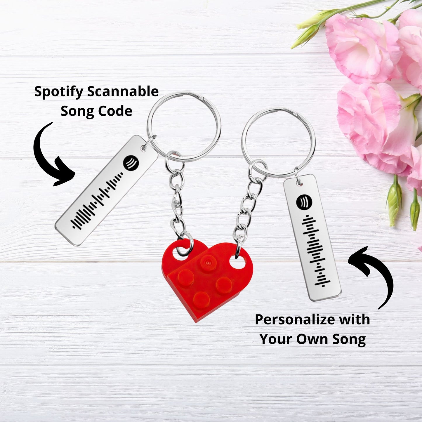 Connecting Heart Bricks & Engraved Song Code Pair of Keychains for Two
