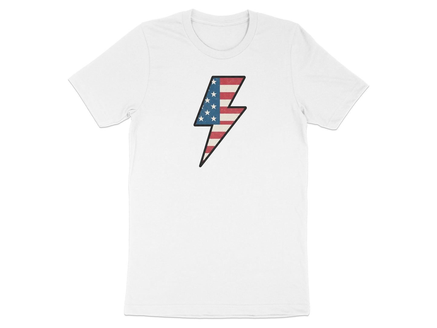 White t-shirt with a lightning bolt graphic in American flag colors.