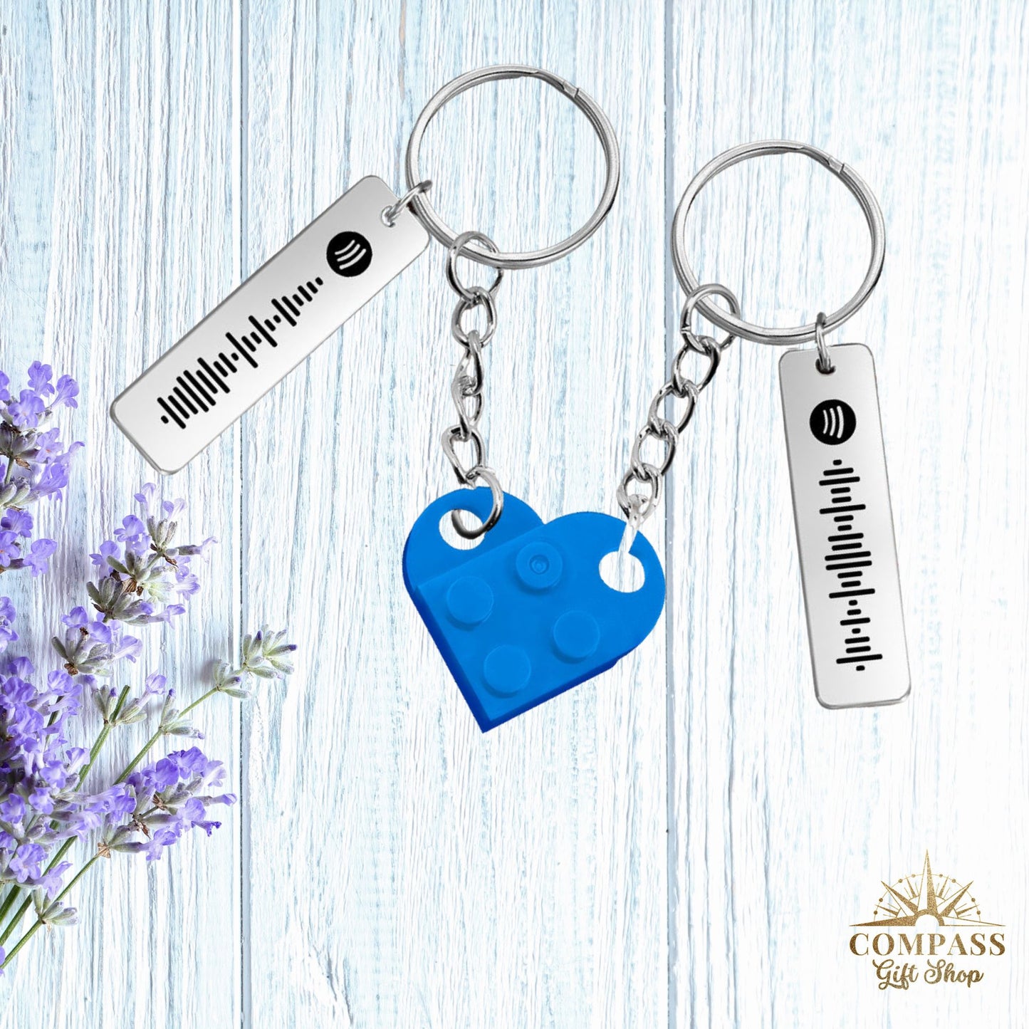 Connecting Heart Bricks & Engraved Song Code Pair of Keychains for Two