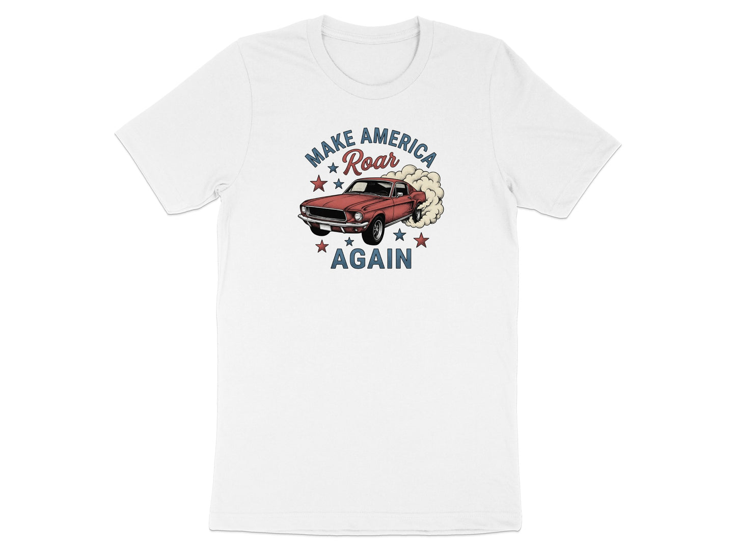White t-shirt with "Make America Roar Again" and a red muscle car.