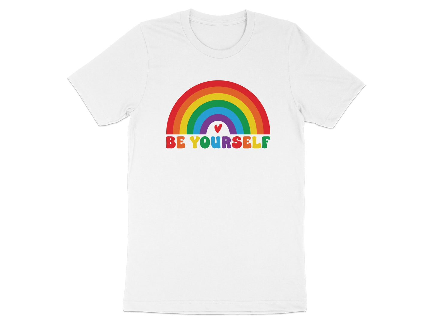 White t-shirt with a rainbow and "BE YOURSELF" text.