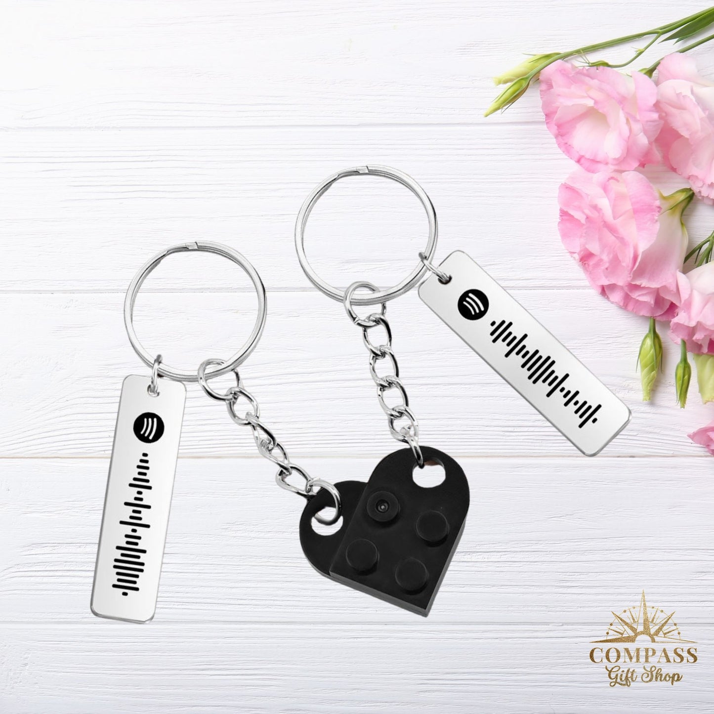 Connecting Heart Bricks & Engraved Song Code Pair of Keychains for Two