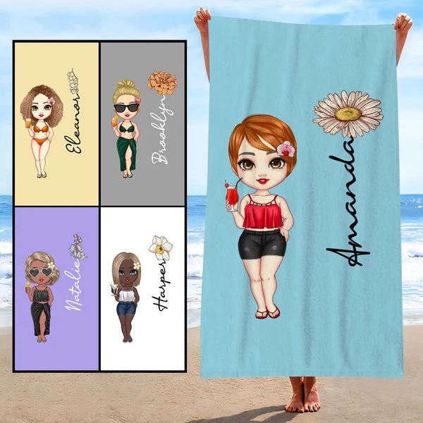 Custom Cartoon with Birth Flower Vacation Beach Towel