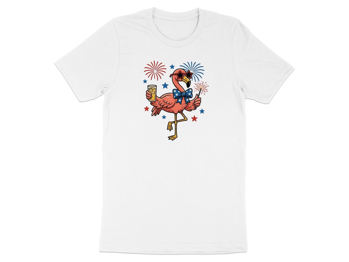 Flamingo in sunglasses and bow tie holding a drink with fireworks.