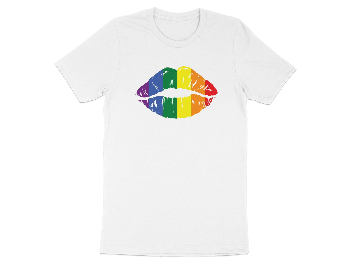 White t-shirt with rainbow lips graphic.