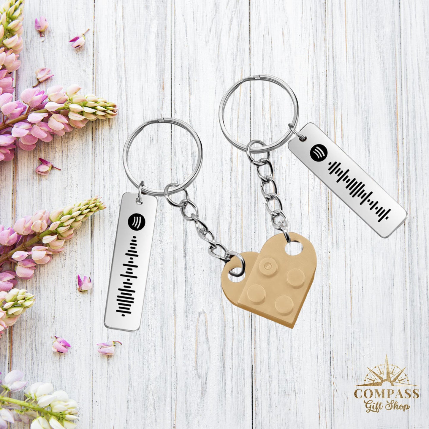 Connecting Heart Bricks & Engraved Song Code Pair of Keychains for Two