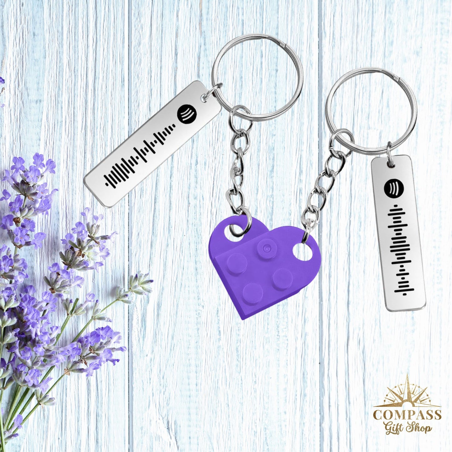 Connecting Heart Bricks & Engraved Song Code Pair of Keychains for Two