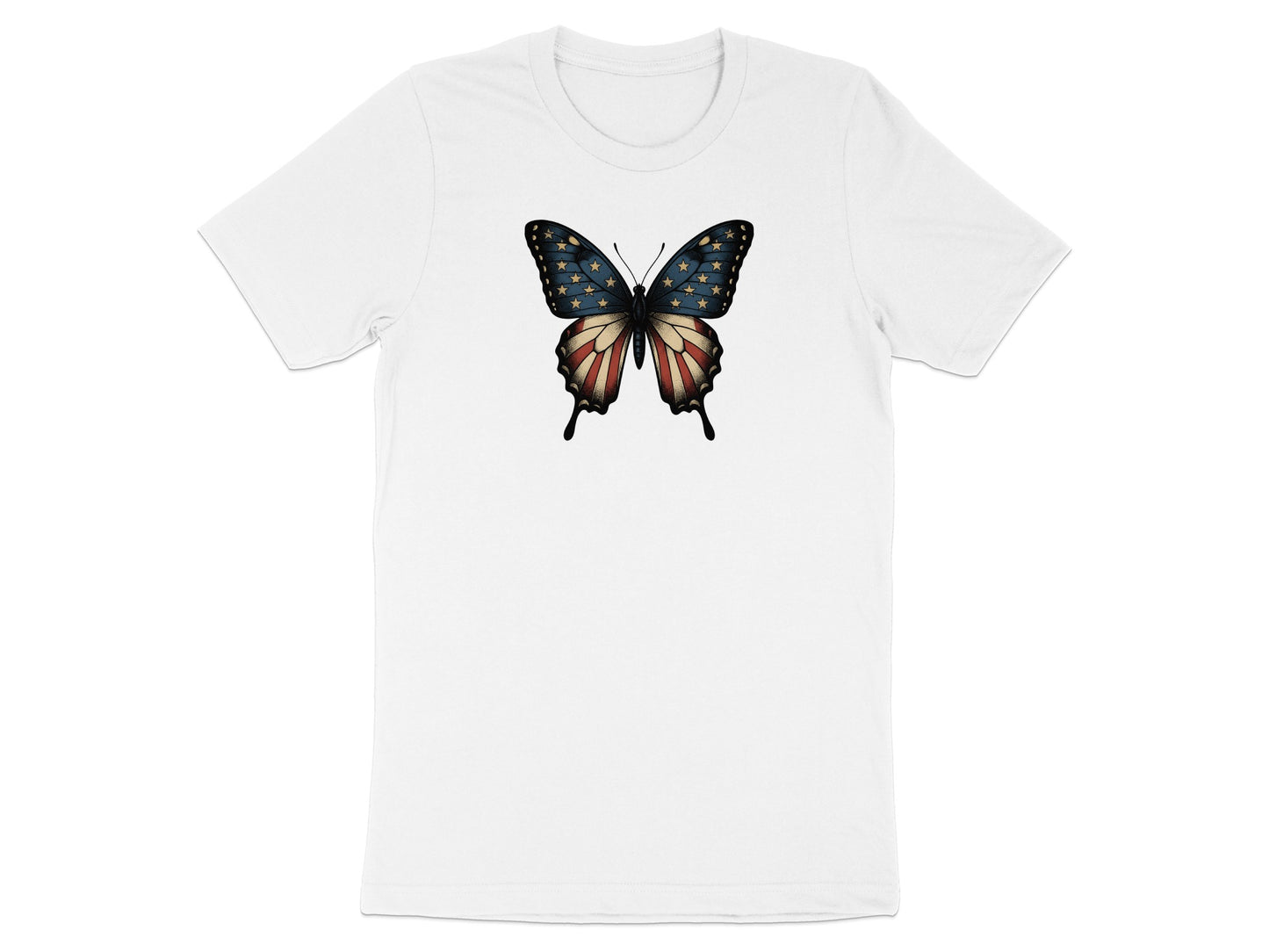 White t-shirt with a butterfly design featuring the American flag.