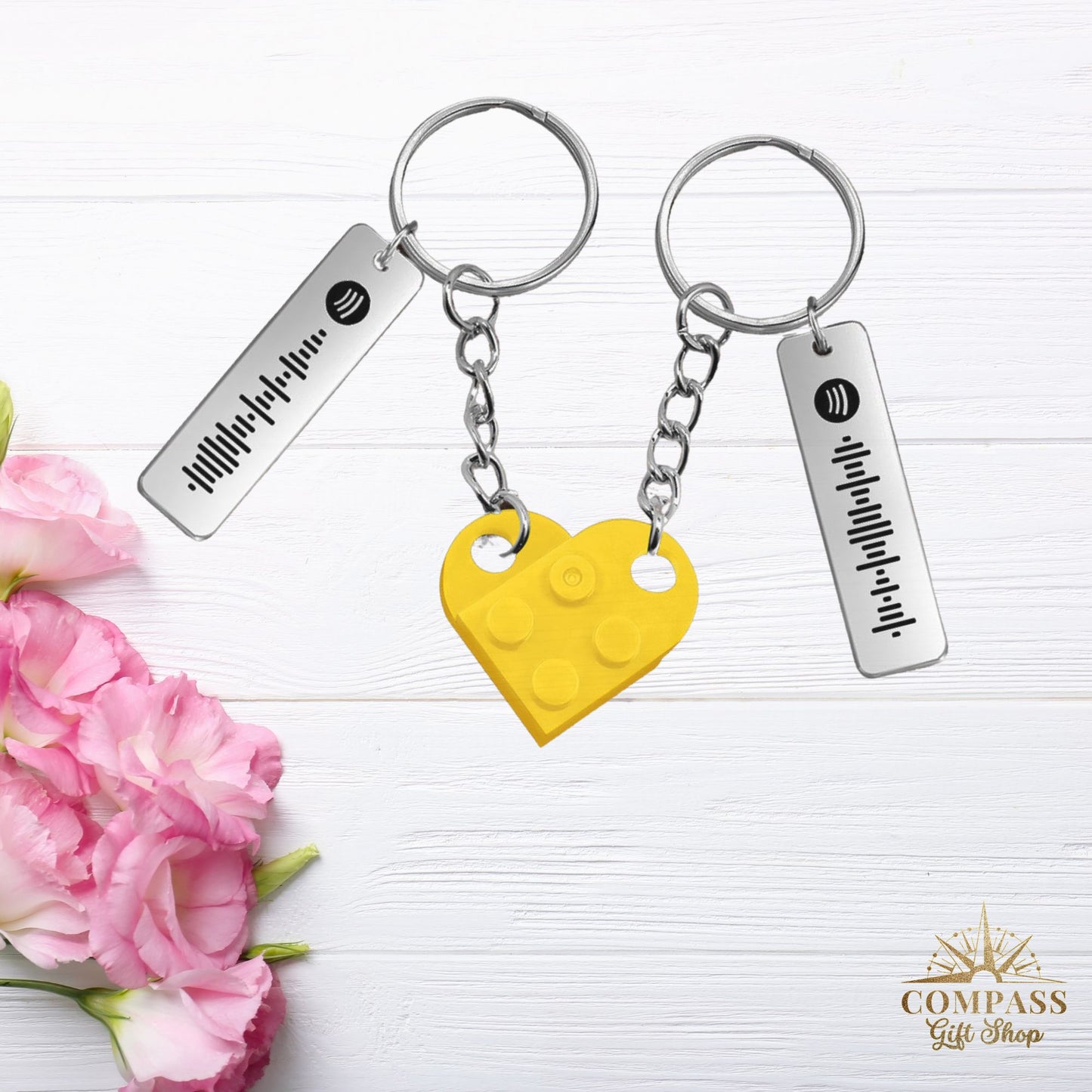 Connecting Heart Bricks & Engraved Song Code Pair of Keychains for Two