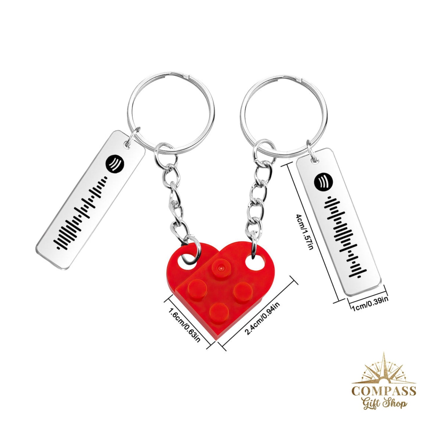 Connecting Heart Bricks & Engraved Song Code Pair of Keychains for Two