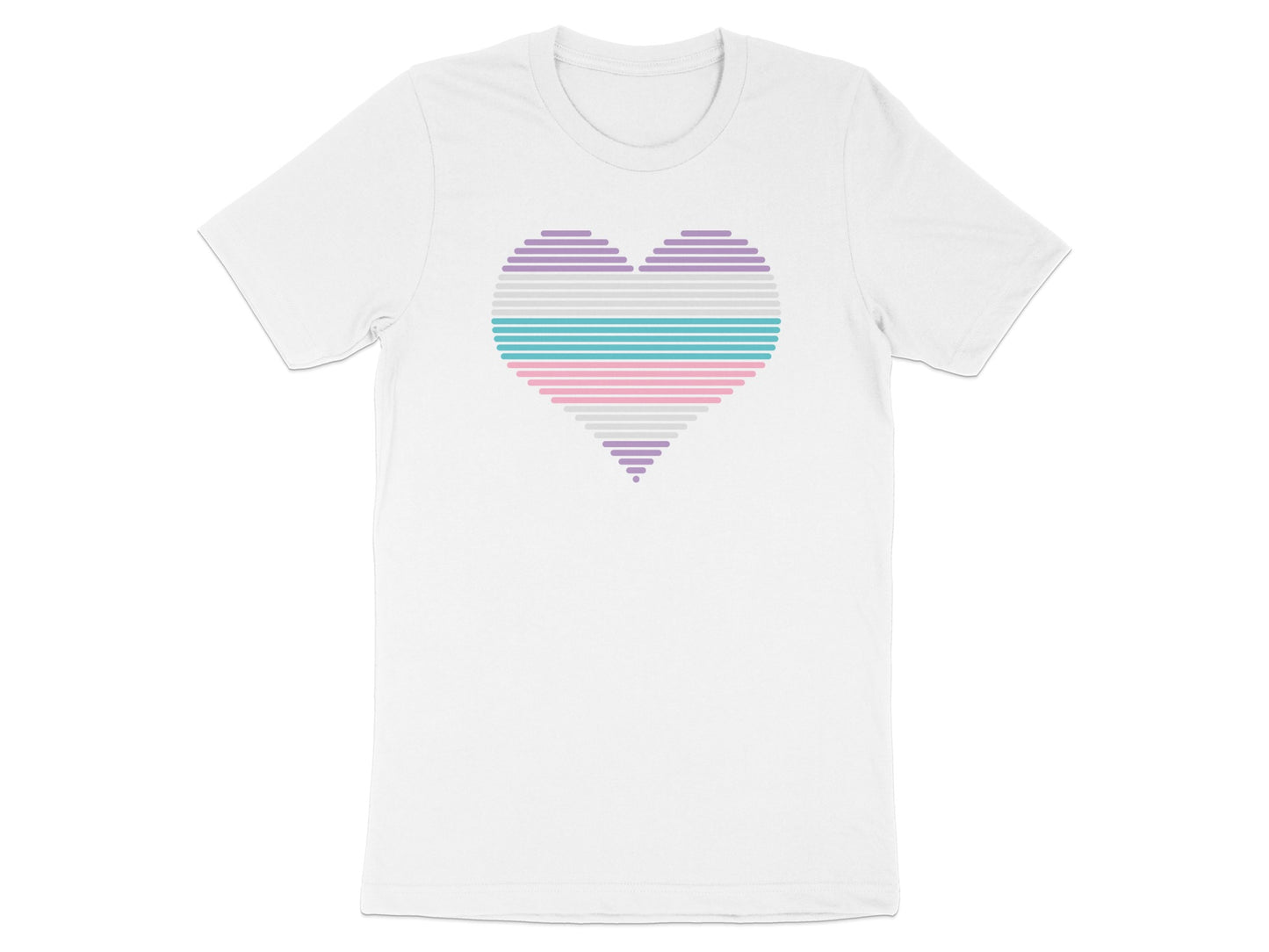 White t-shirt with a striped heart design in pastel colors.