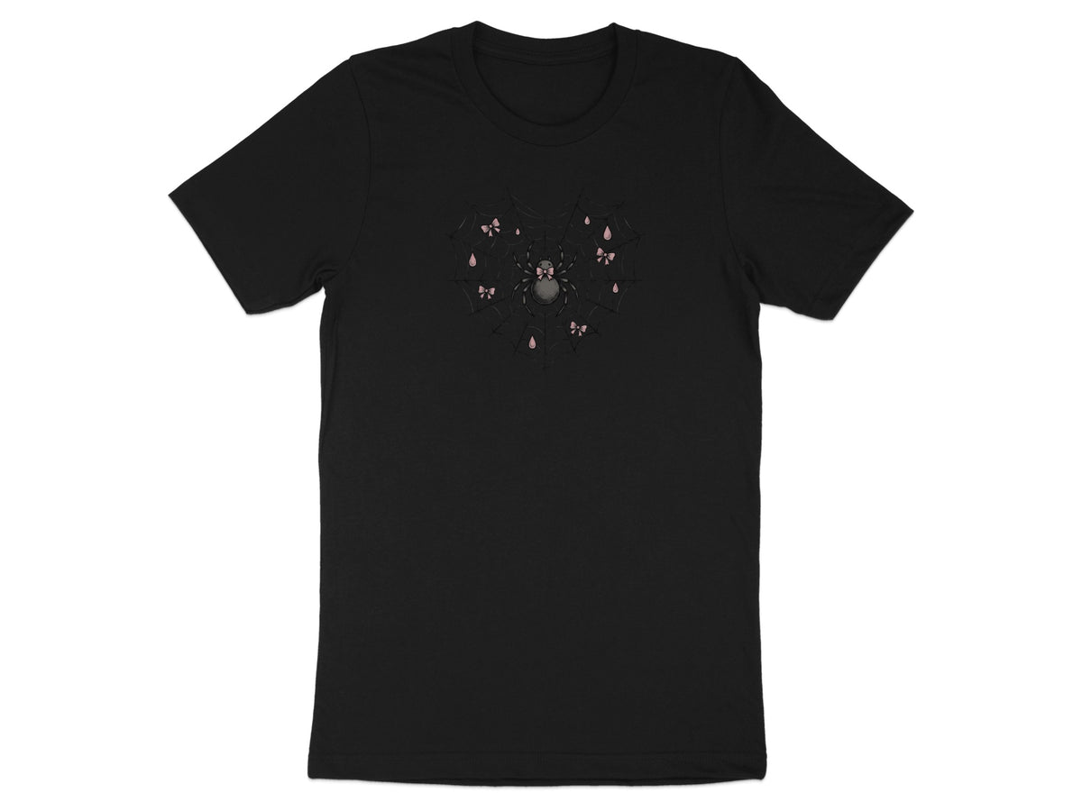 Black t-shirt with heart-shaped spider web, a spider, and pink bows and droplets.