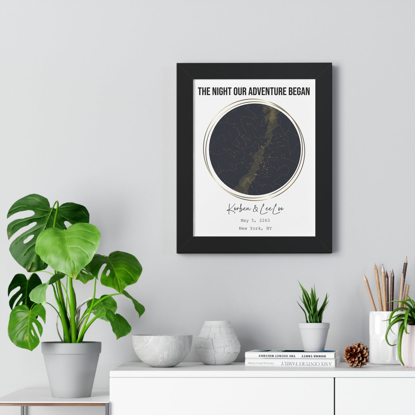 Black & Gold Personalized Star Map with Frame