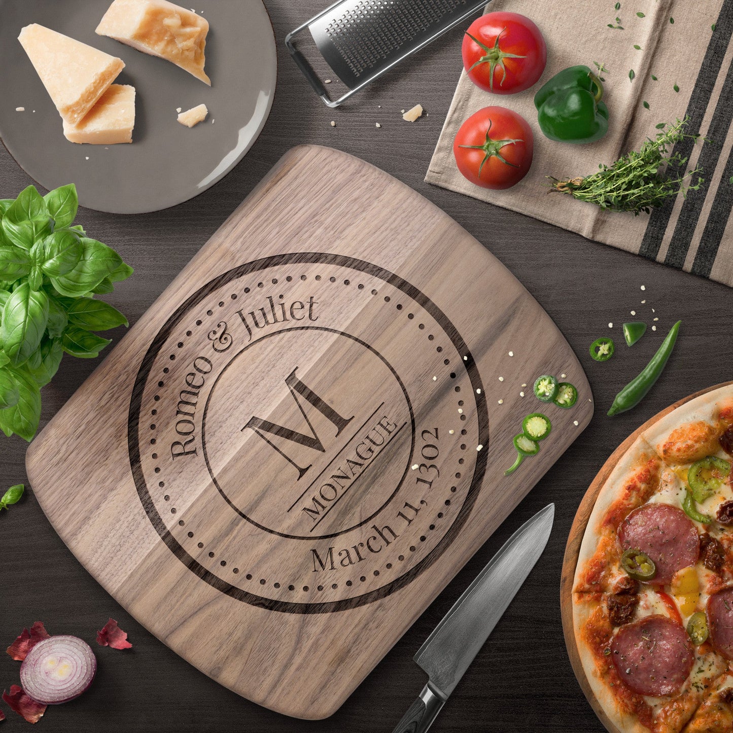 Couples Monogram & Date Premium Hardwood Oval Serving Board