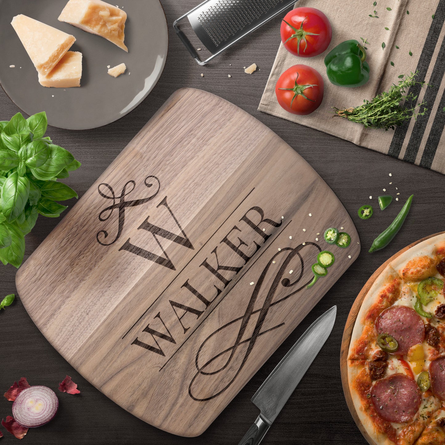 Personalized Family Name Oval Cutting Board in Maple and Walnut Premium Wood