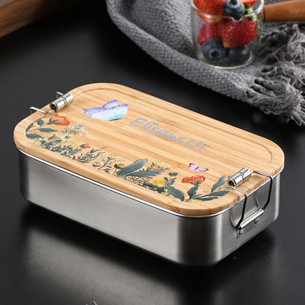 Flowers and Butterflies Personalized Child's Name Stainless Steel Lunch Box