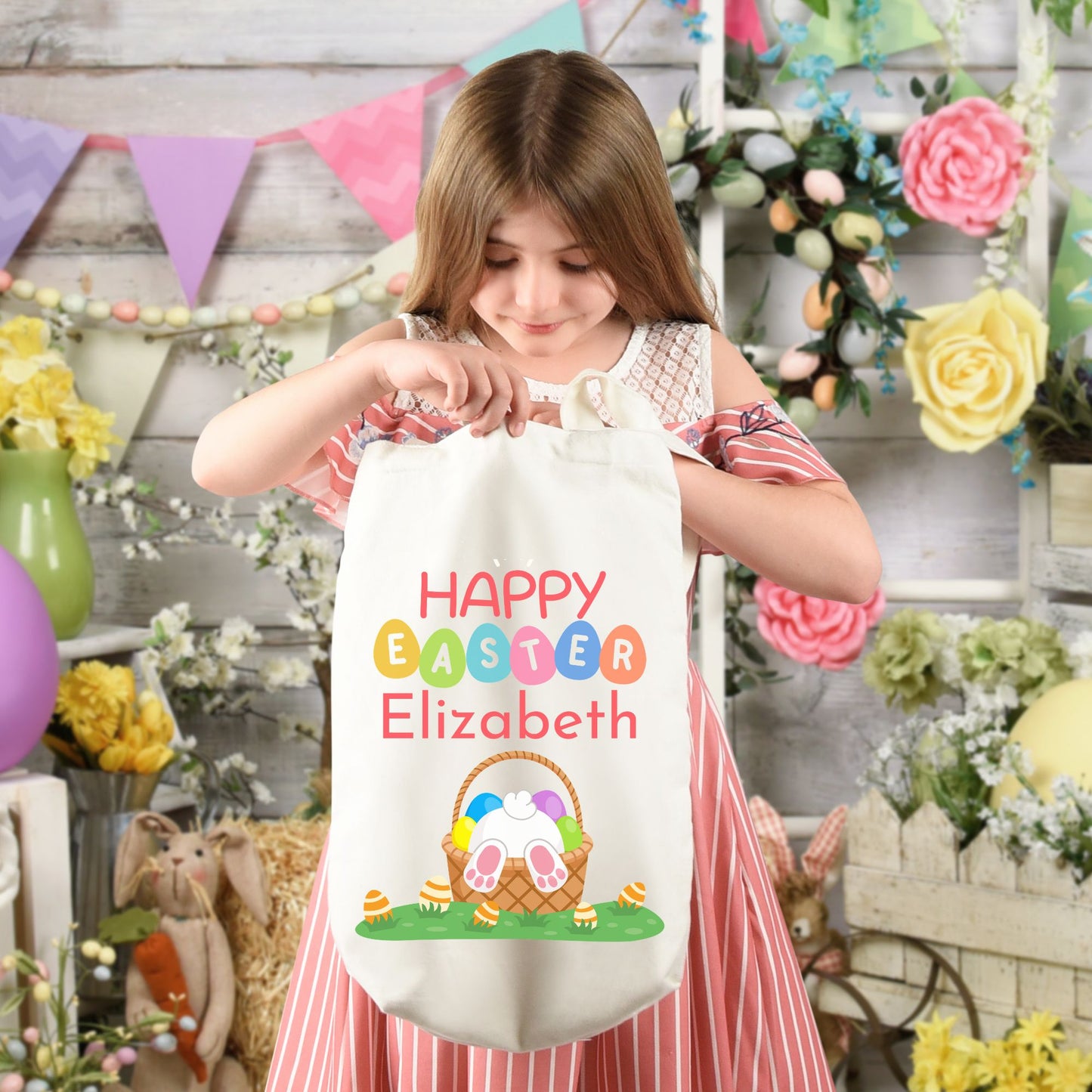 Personalized Happy Bunny in an Easter Basket Tote Bag