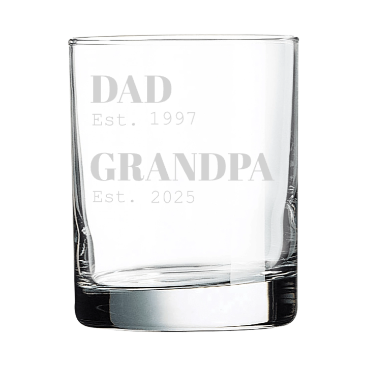 Dad to Grandpa Establishing Years Engraved Whiskey Glass