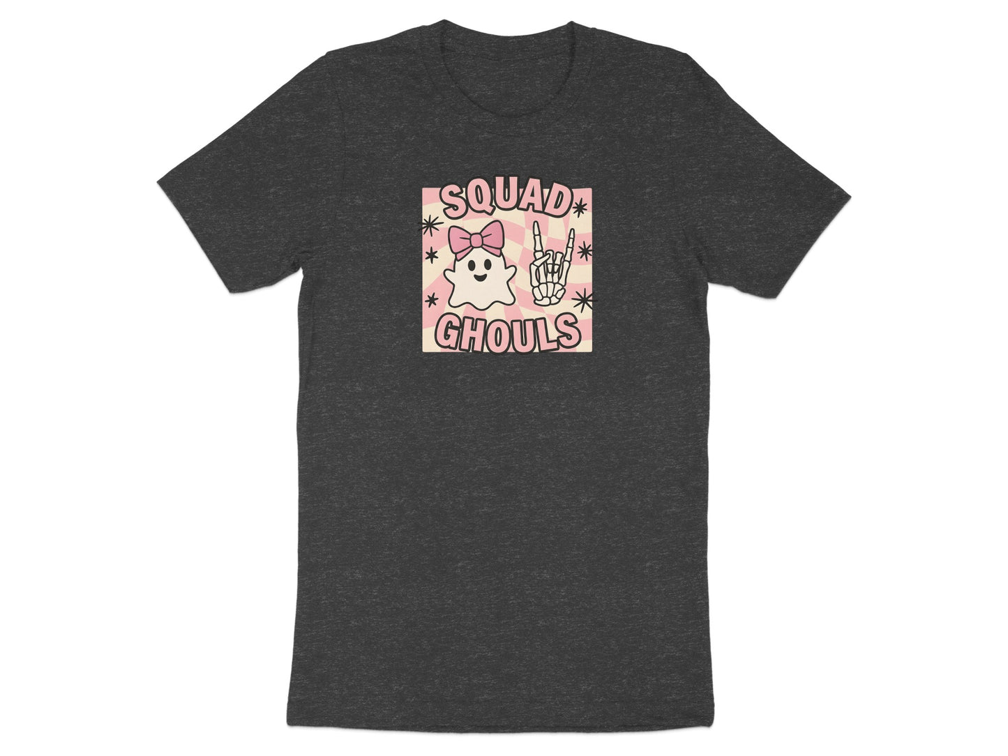 Dark t-shirt with a pink checkered square featuring a ghost, skeleton hand, and text.