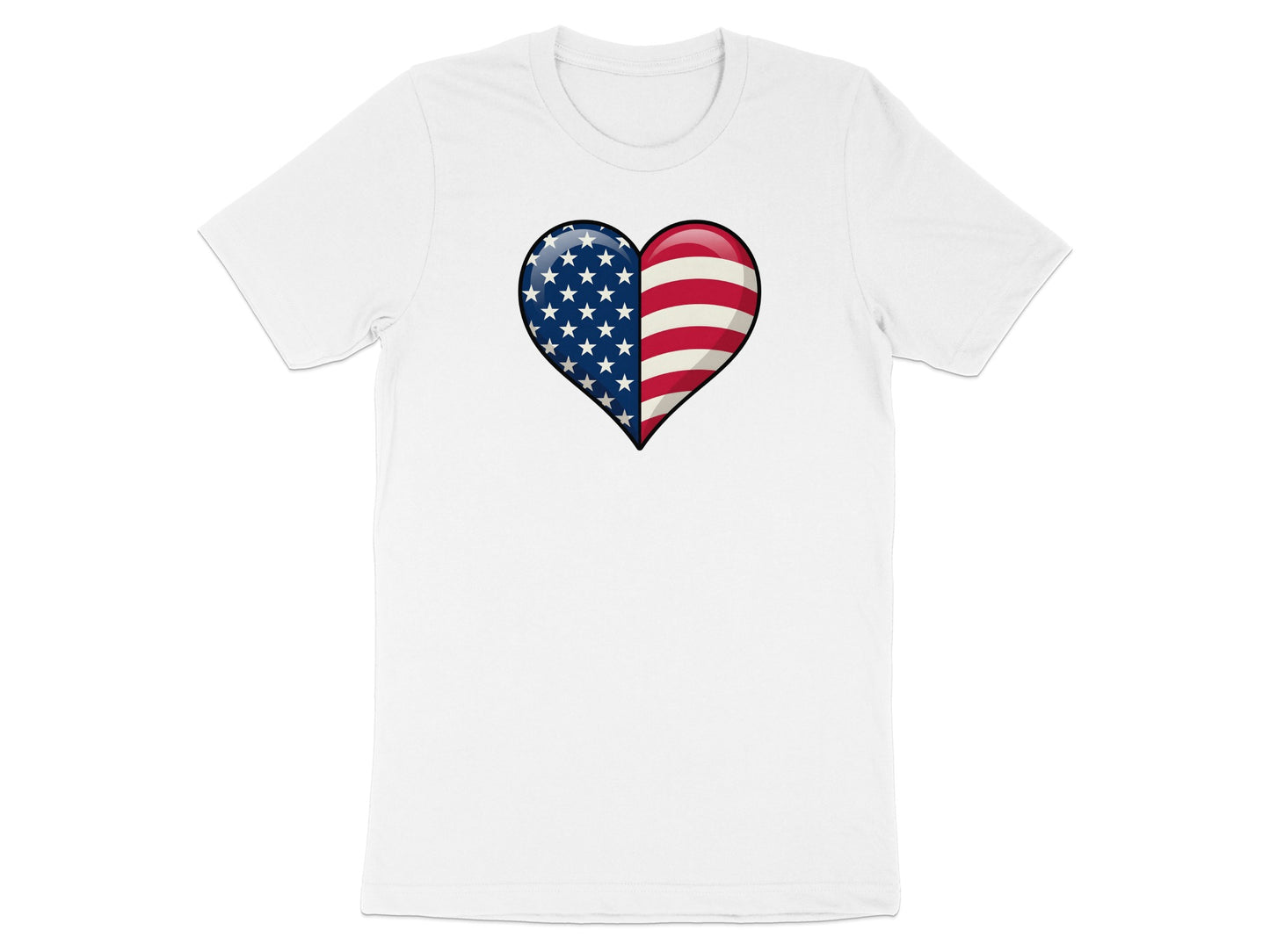 White t-shirt with a US flag heart graphic.