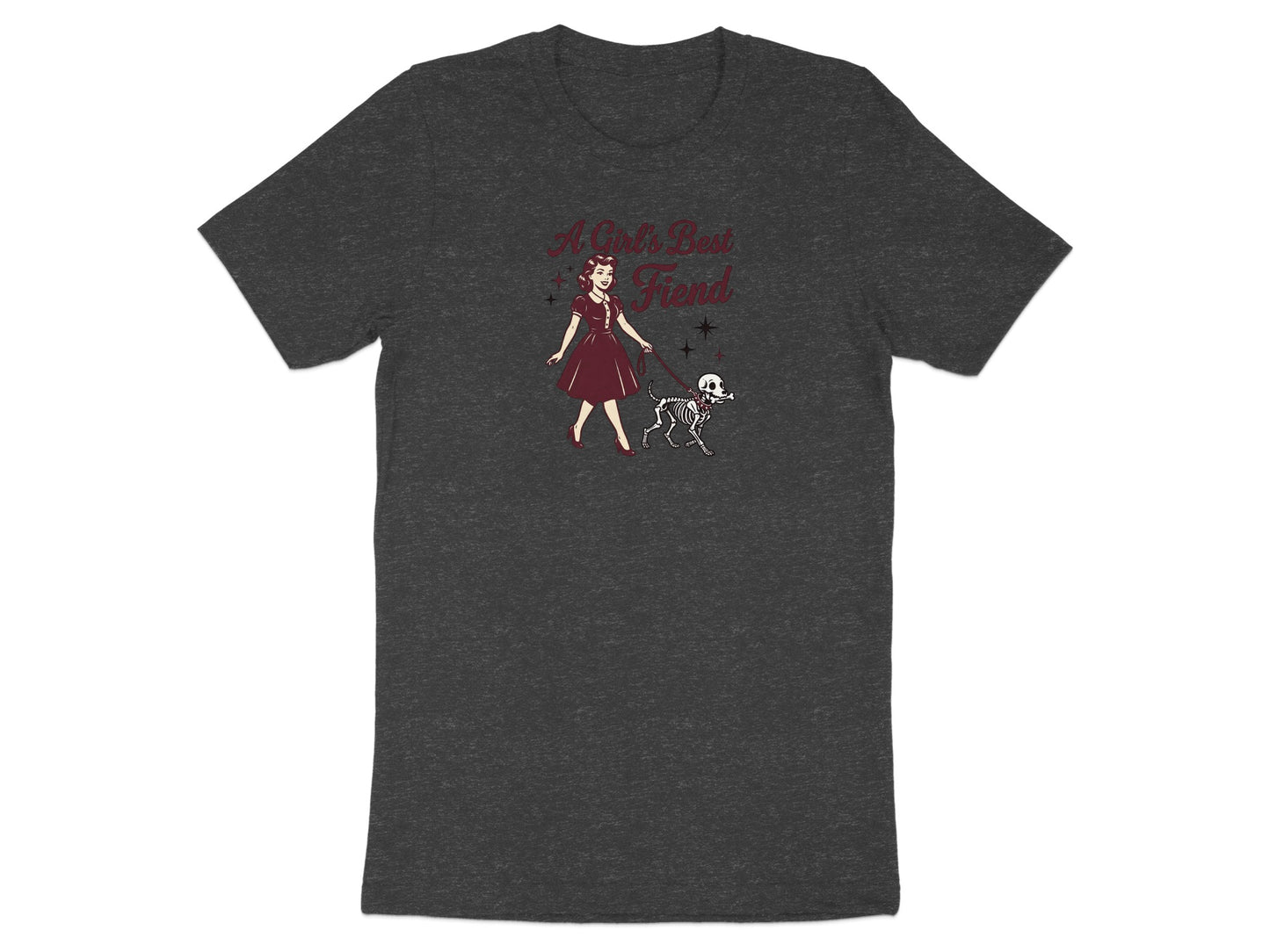 Dark gray t-shirt with "A Girl's Best Fiend" text and a drawing of a woman walking a skeleton dog.
