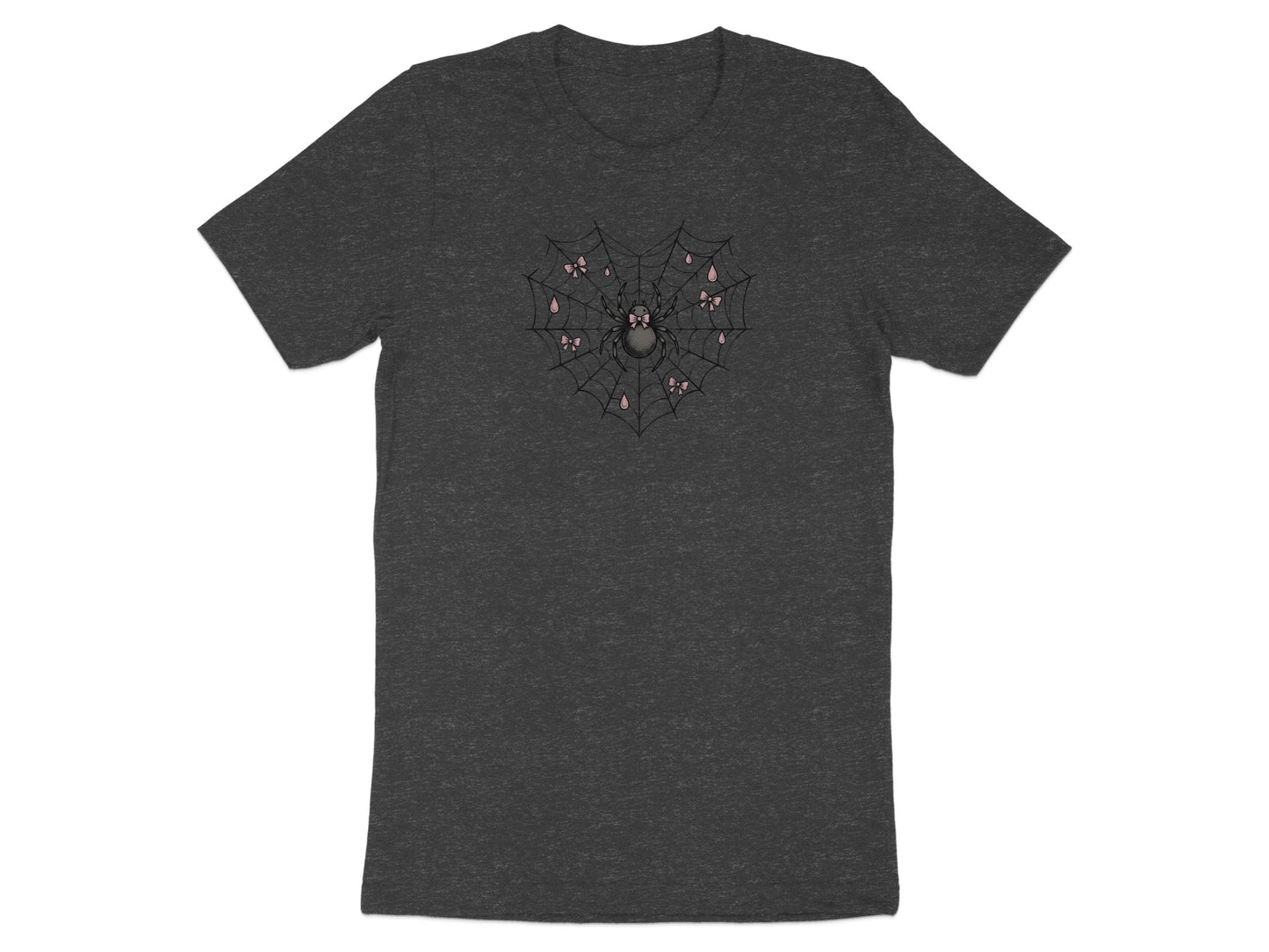 Dark gray t-shirt with a cartoon spider on a heart-shaped web with pink bows.