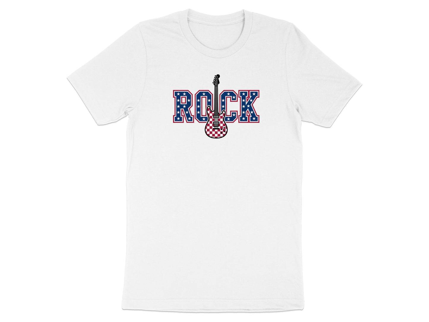 White t-shirt with "ROCK" in red, white, and blue checkerboard letters and a guitar.