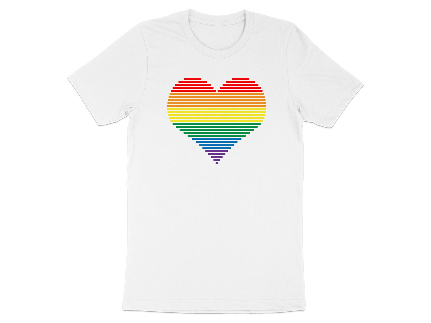 White t-shirt with a rainbow heart made of horizontal lines.