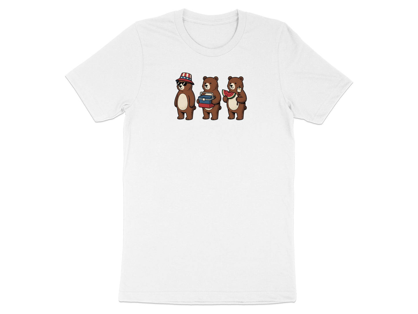 Three cartoon bears, one wearing a patriotic hat, holding books and watermelon.