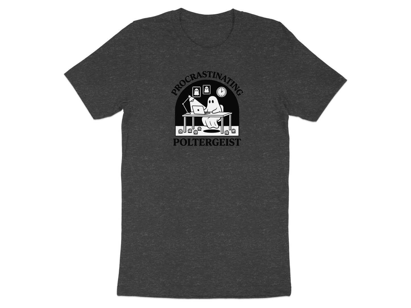 Dark gray t-shirt with "Procrastinating Poltergeist" text and ghost graphic.