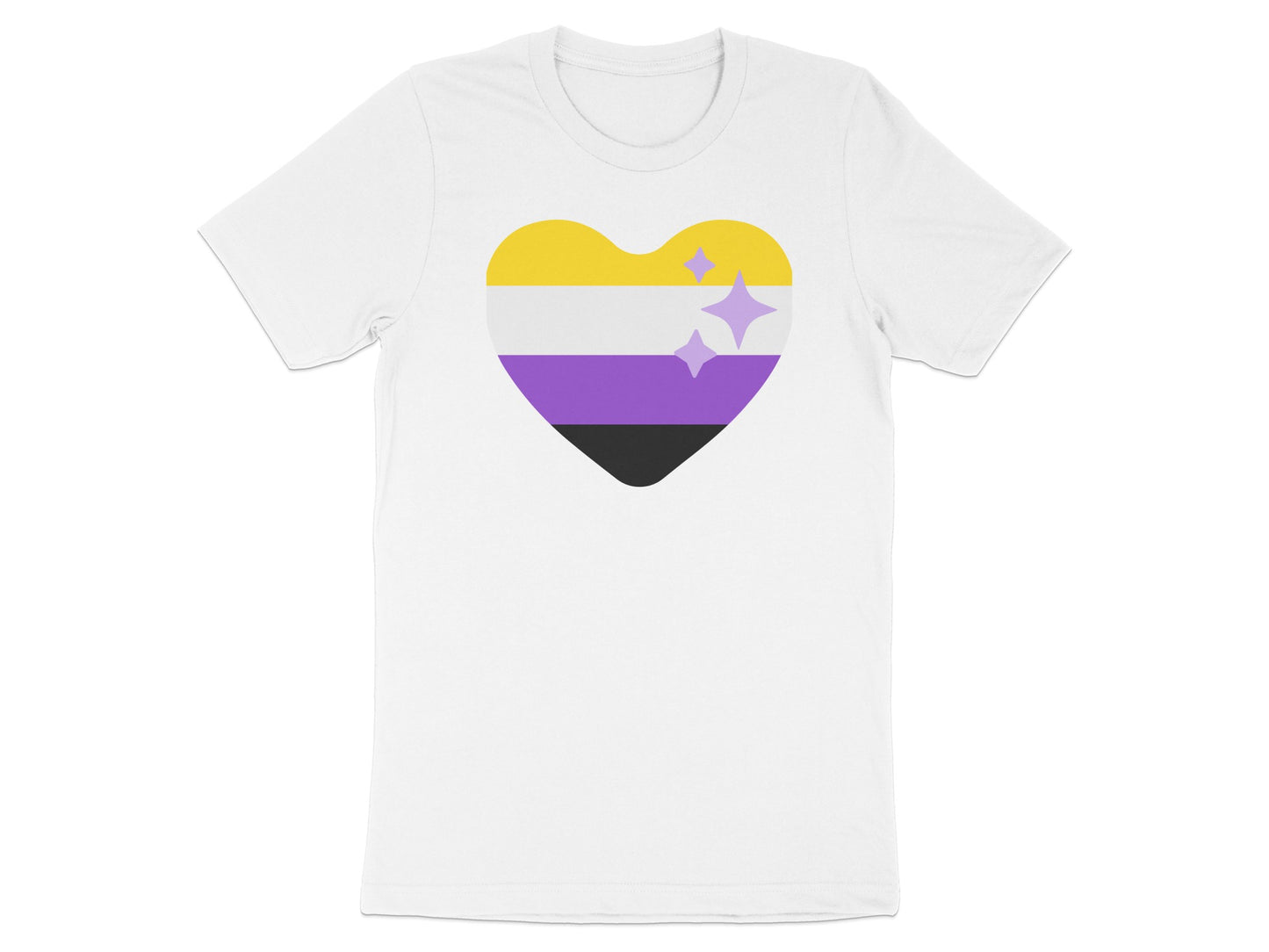 White t-shirt with a non-binary pride heart and sparkles.