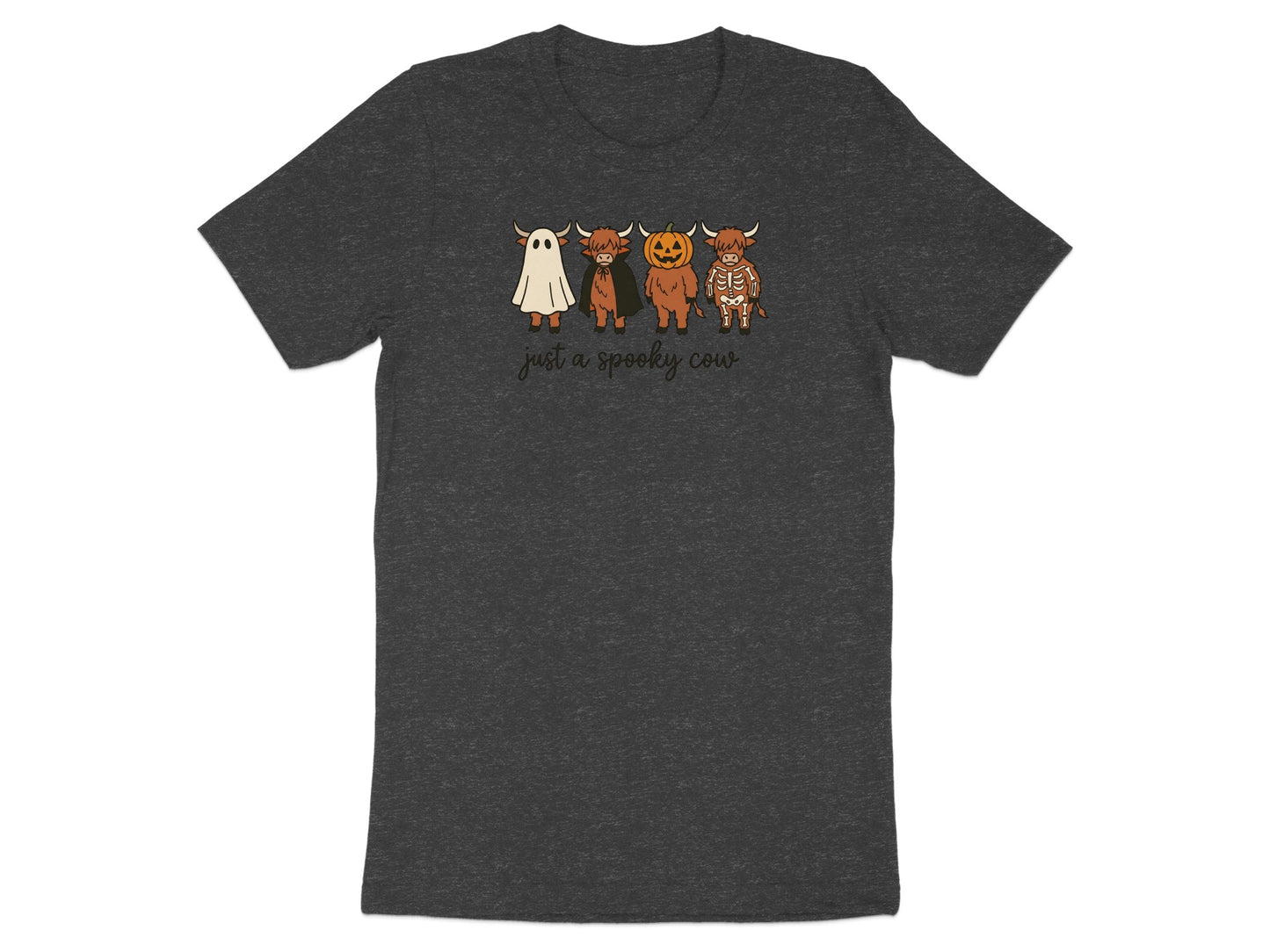 Dark gray t-shirt with four Highland cows in Halloween costumes and "just a spooky cow" text.