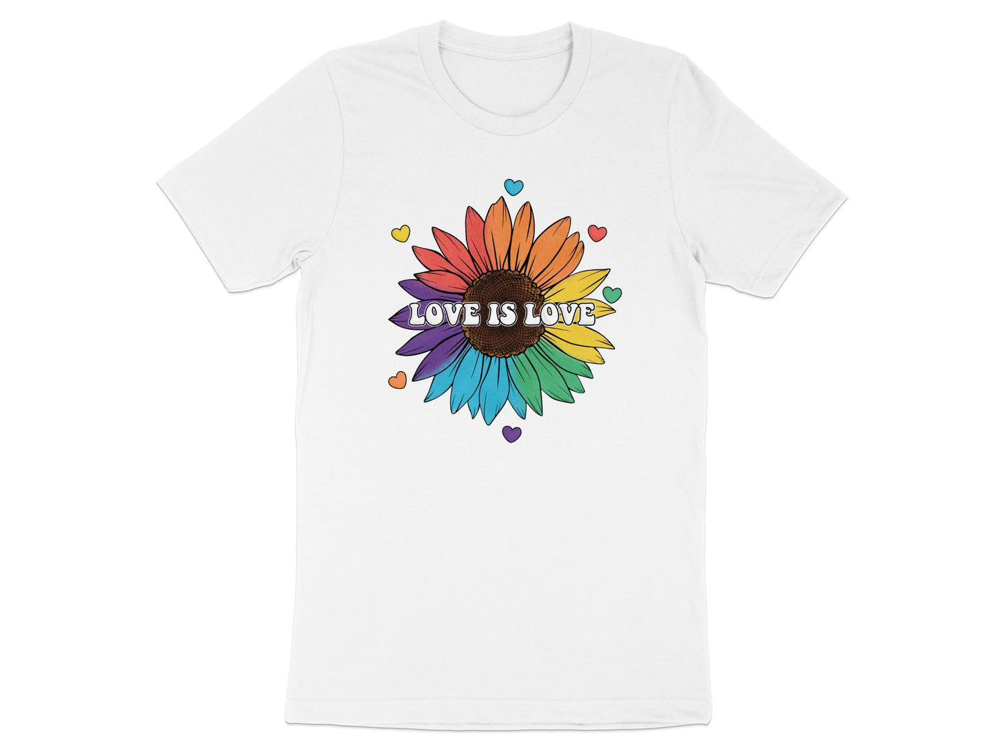 Sunflower with rainbow petals and "Love Is Love" text.
