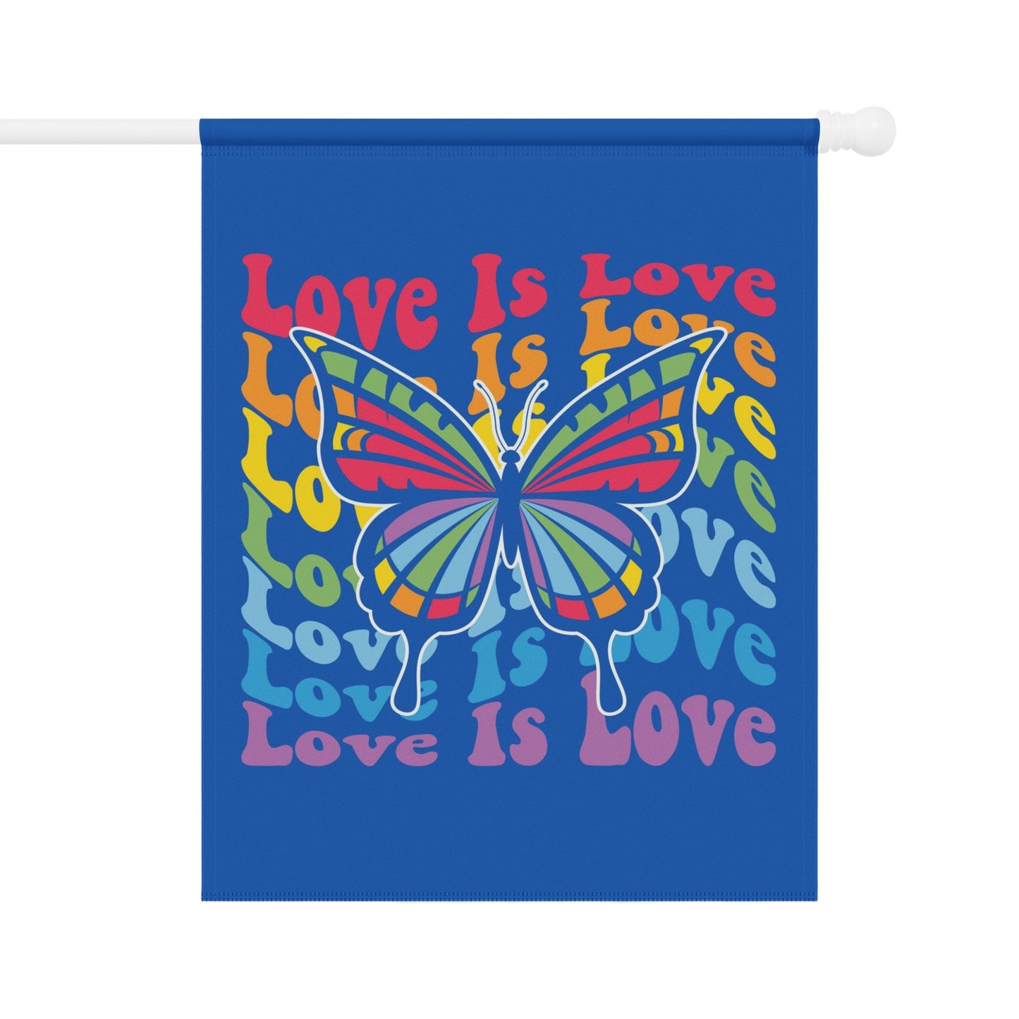 Butterfly with rainbow wings over repeated "Love is Love" text.