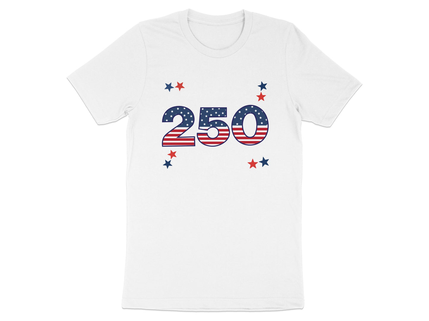 White t-shirt with "250" in American flag colors and small stars.