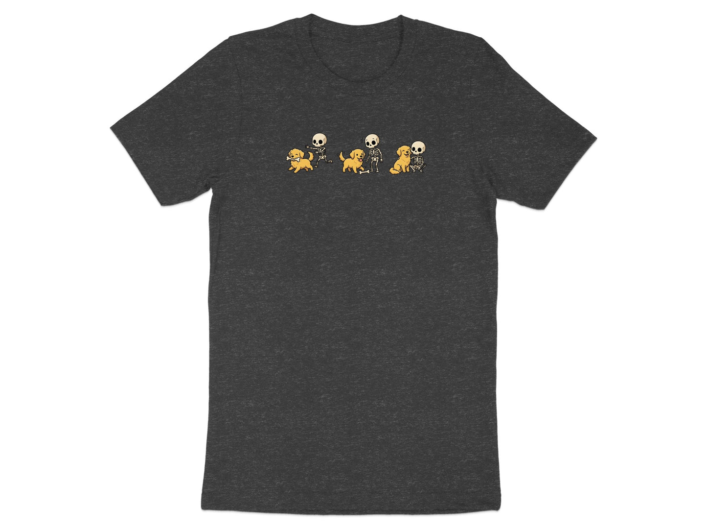 Dark t-shirt with cartoon skeletons and golden retrievers playing.