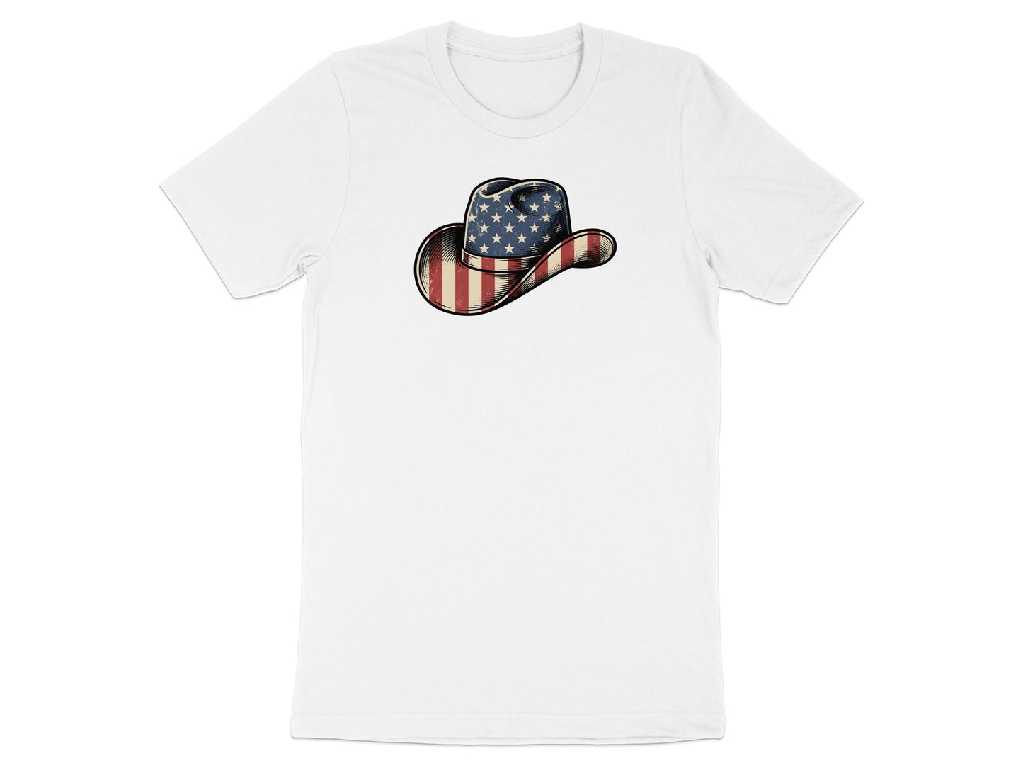 White t-shirt with a cowboy hat featuring the American flag design.