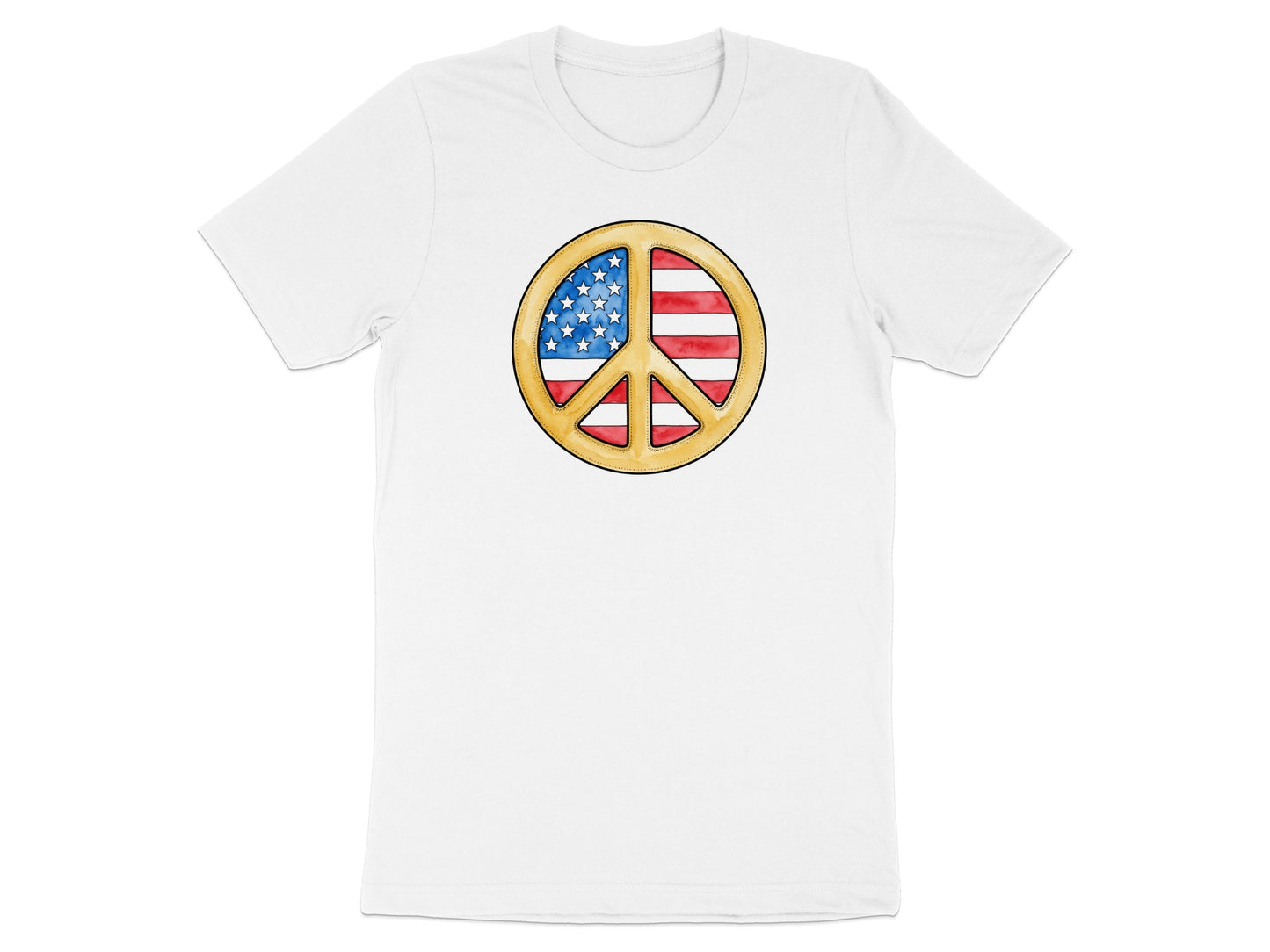 White t-shirt with a watercolor US flag peace sign graphic.