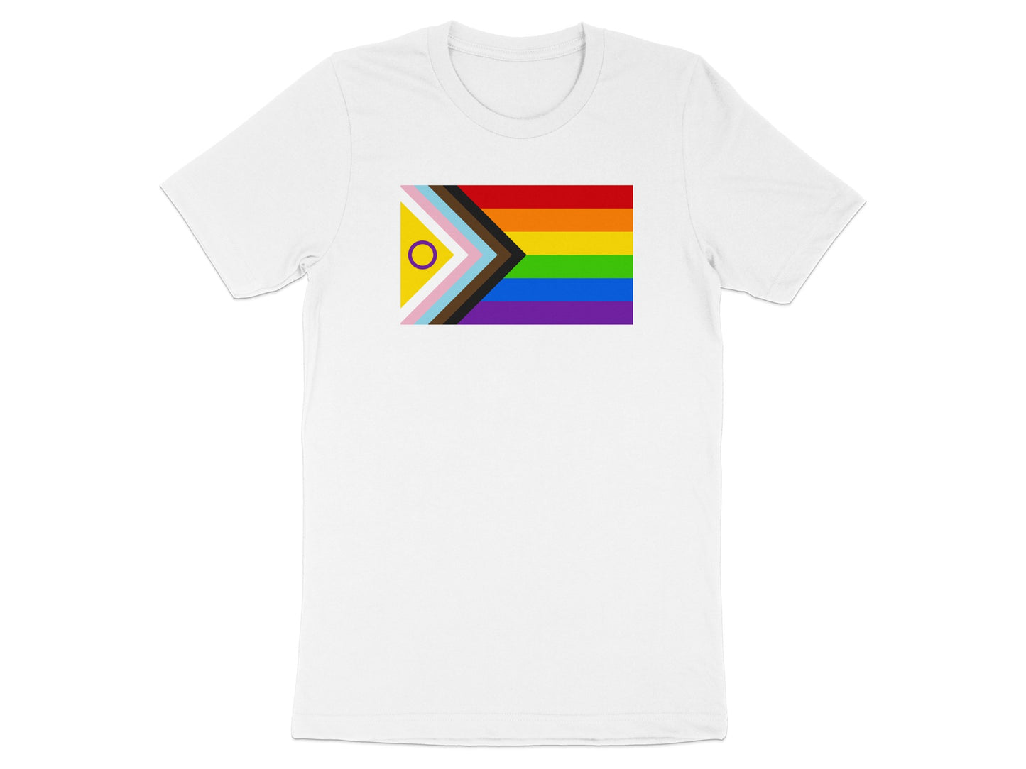 White t-shirt with the Progress Pride flag featuring a chevron.