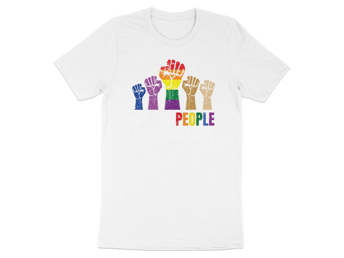 White t-shirt with rainbow fists and "love is love" text.