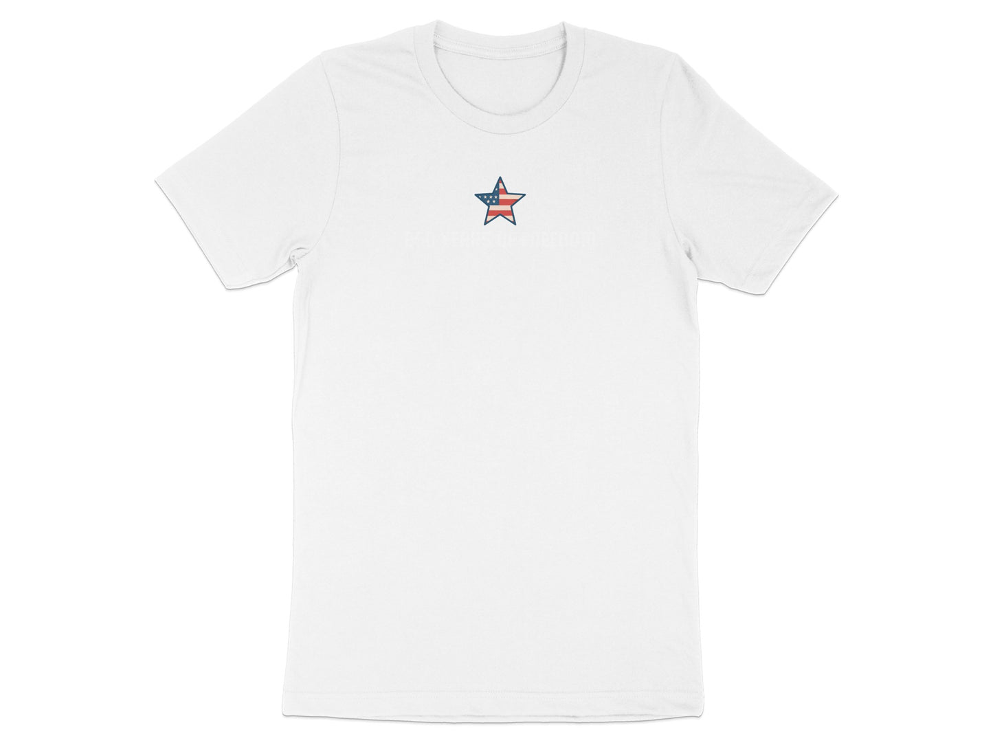 White t-shirt with a distressed American flag star graphic and text.