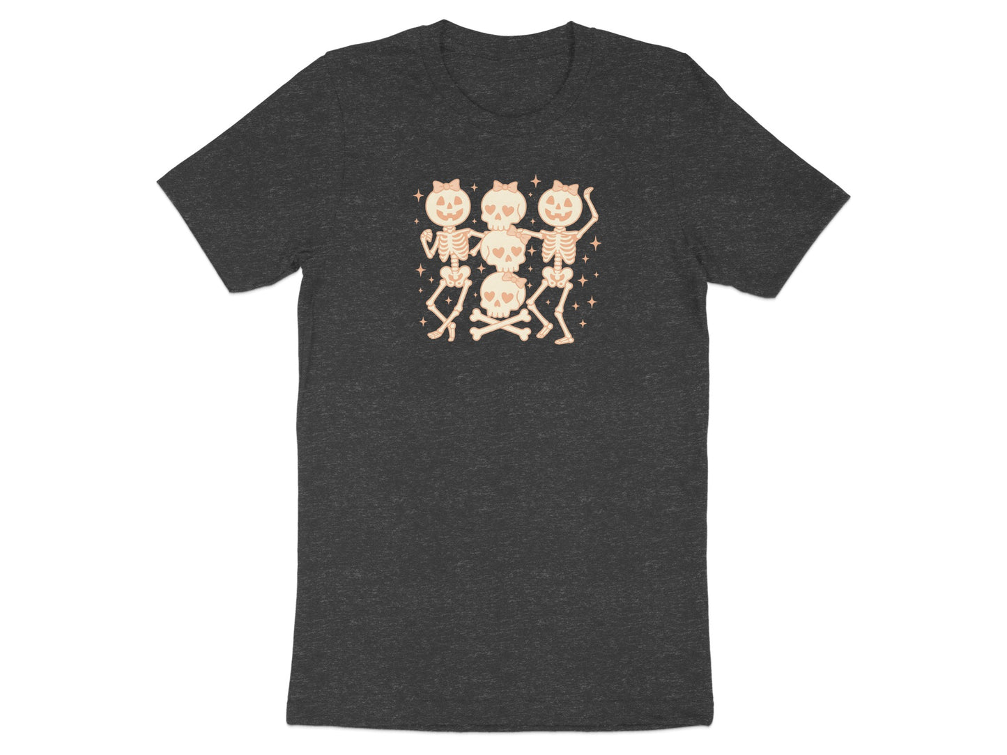 Dark grey t-shirt with a graphic of three dancing skeletons and stacked skulls.