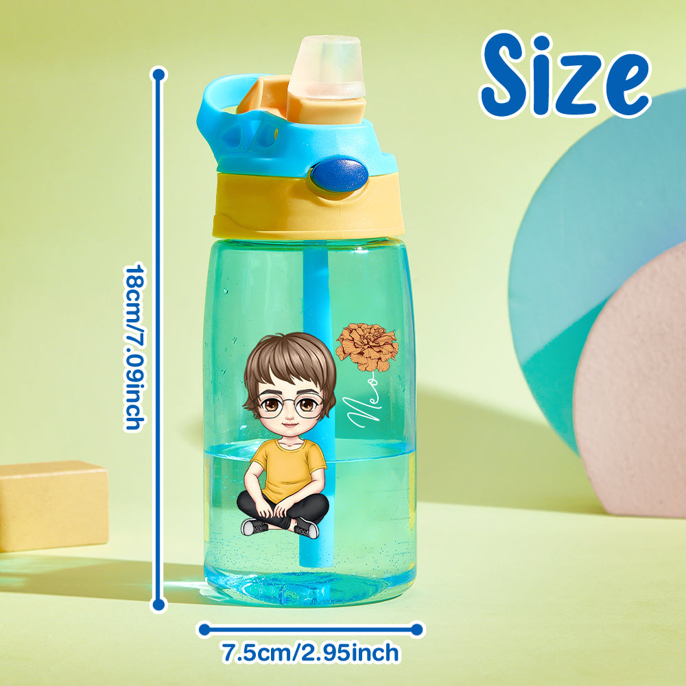 Personalized Cartoon Birth Flower 16oz Water Bottle Gift for Kids or Adults