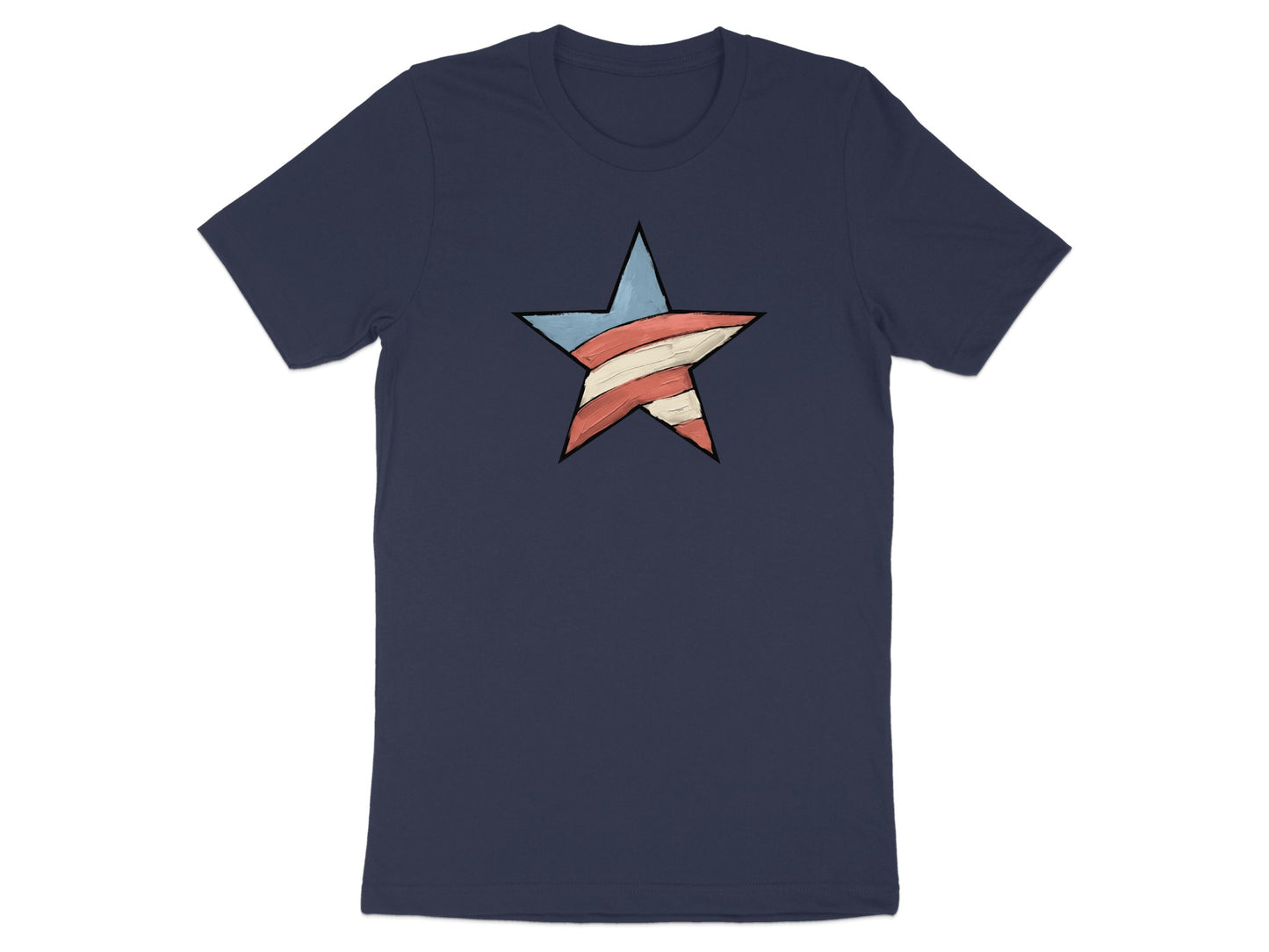 Navy t-shirt with a distressed red, white, and blue star graphic.