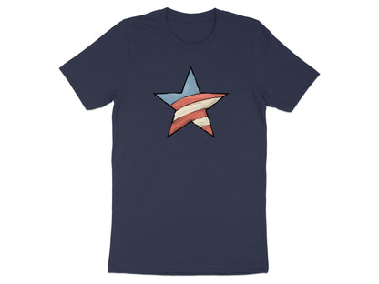 Navy t-shirt with a distressed red, white, and blue star graphic.